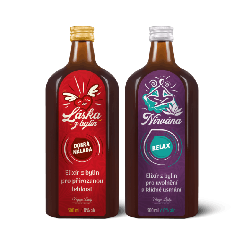 „Radost“ z bylin a klidný spánek - Složení balíčku: Láska z bylin 500 ml a Nirvána 500 ml